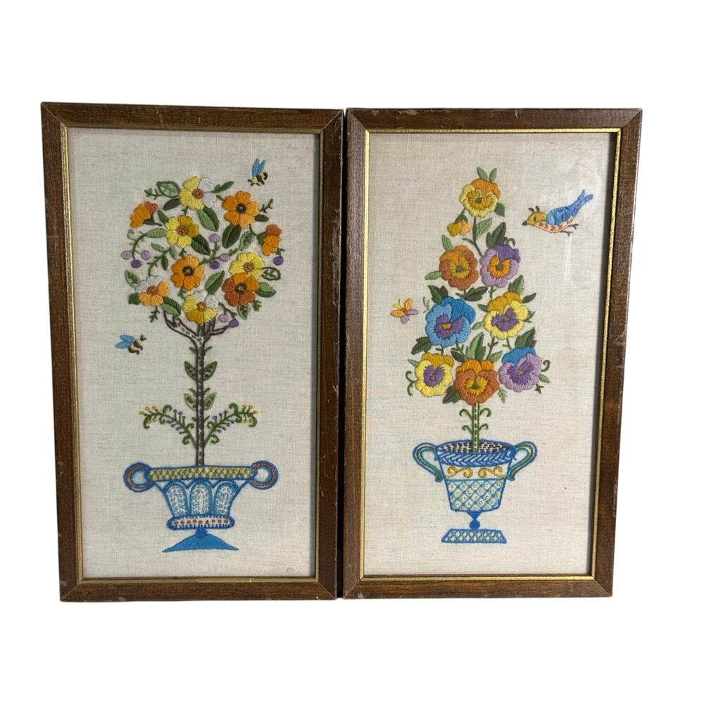 Bucilla Vintage Floral Topiaries Crewel Work Framed Set Two